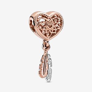 RETIRED - FINAL SALE -Openwork Heart & Two Feathers Dreamcatcher Charm
