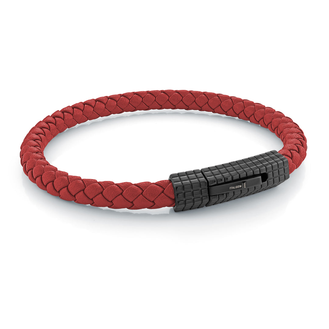 Red Leather & Black Steel Bracelet