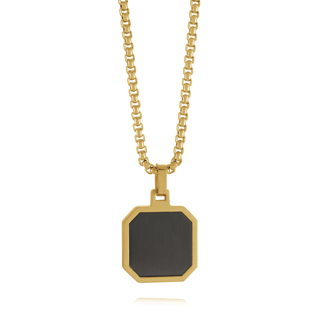Stainless Steel Gold & Black Plated Octogon Square Pendant Necklace.