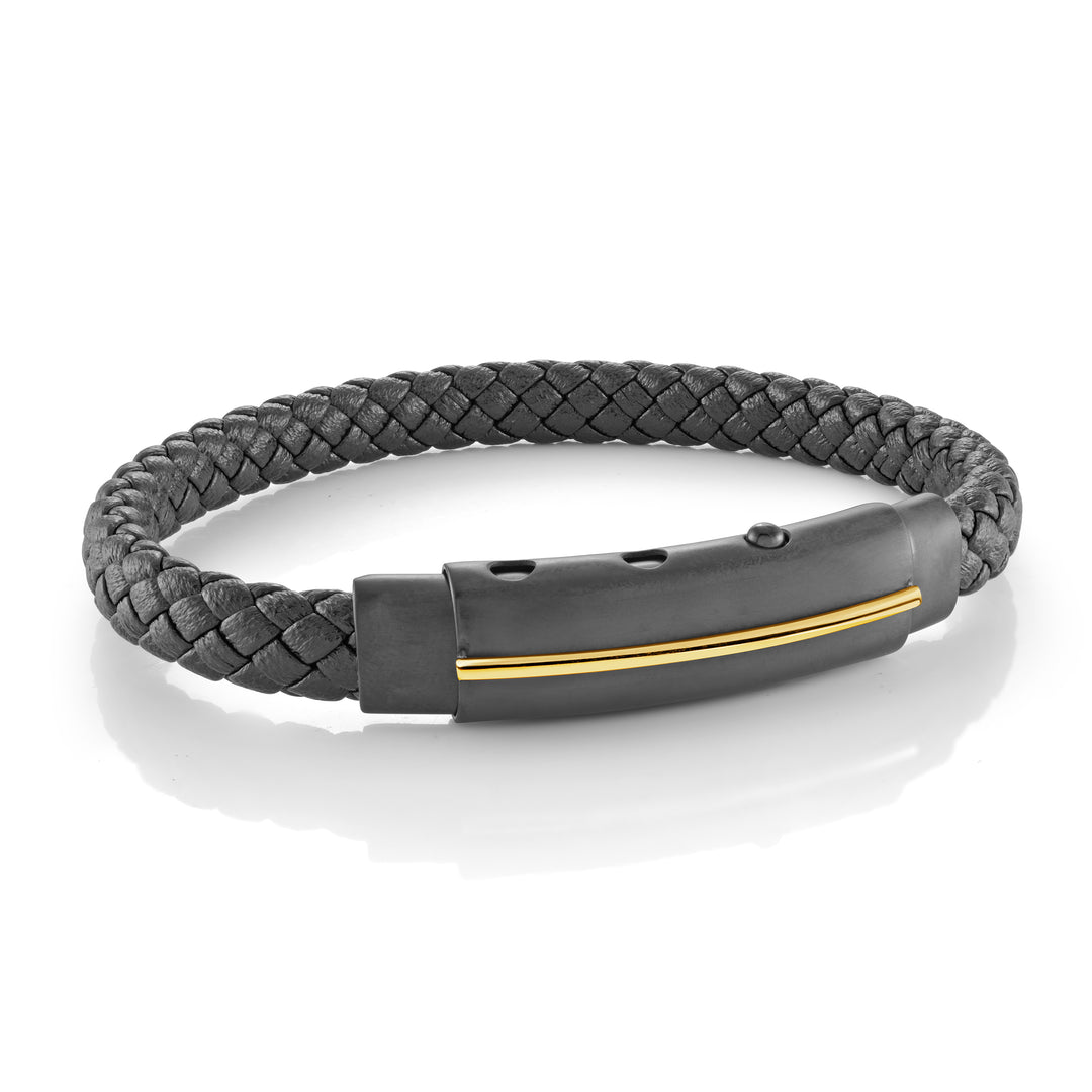 Italgem Stainless Steel Black Leather Bracelet