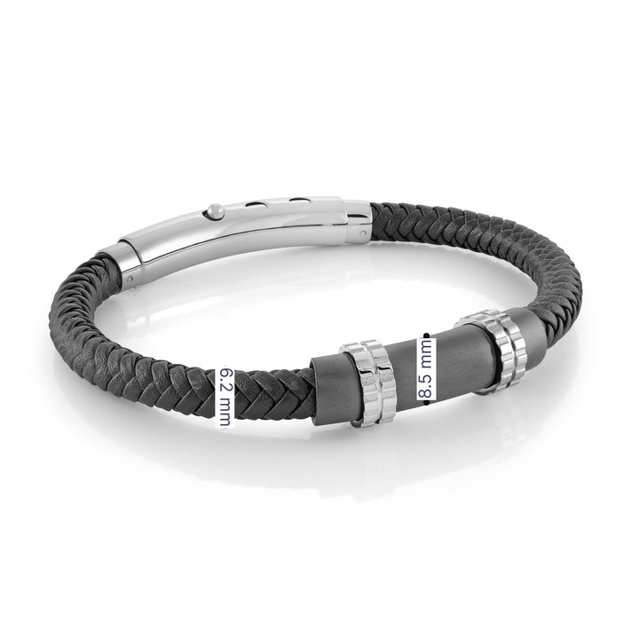 Italgem Stainless steel Gun-IP Black Leather Bracelet.