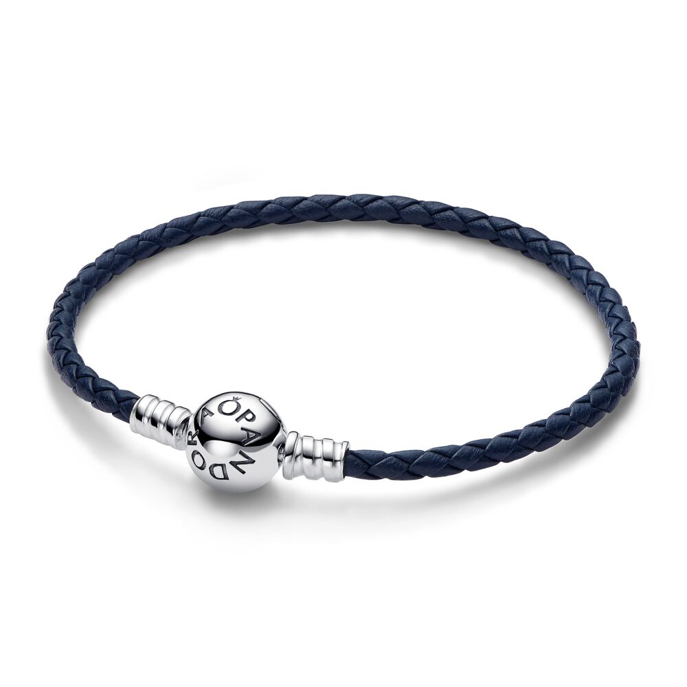 Pandora Moments Round Clasp Blue Braided Leather Bracelet, 8.1"