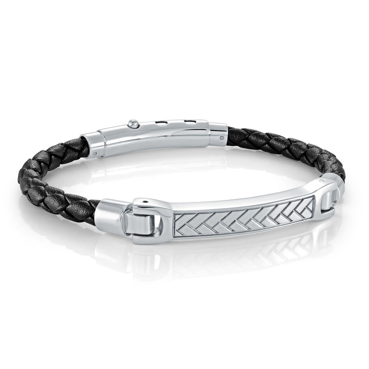 Italgem Steel Black Braided Leather Bracelet with Engraved Front Plate