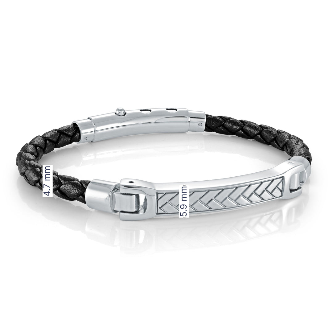 Italgem Steel Black Braided Leather Bracelet with Engraved Front Plate