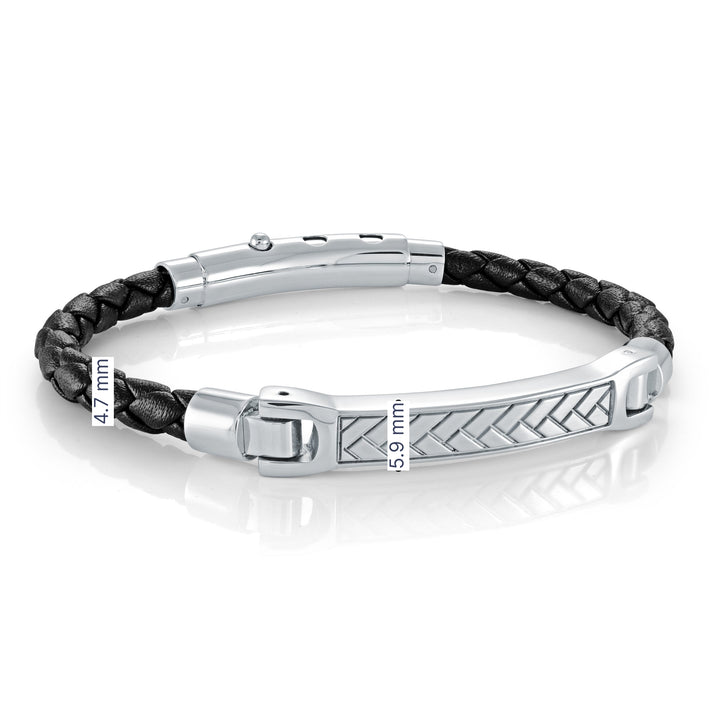 Italgem Steel Black Braided Leather Bracelet with Engraved Front Plate