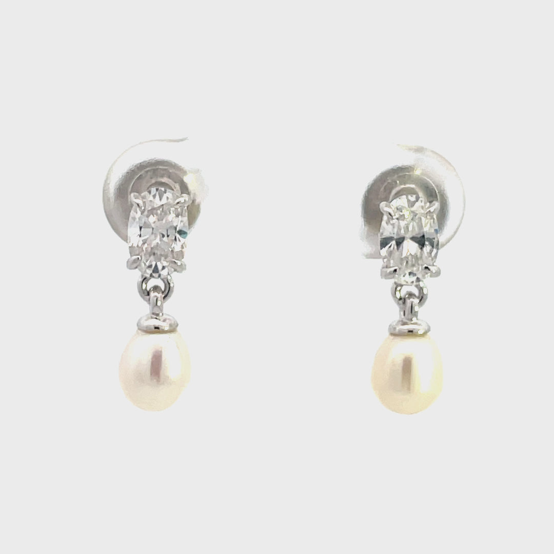Oval Pearl & CZ Drop Earrings