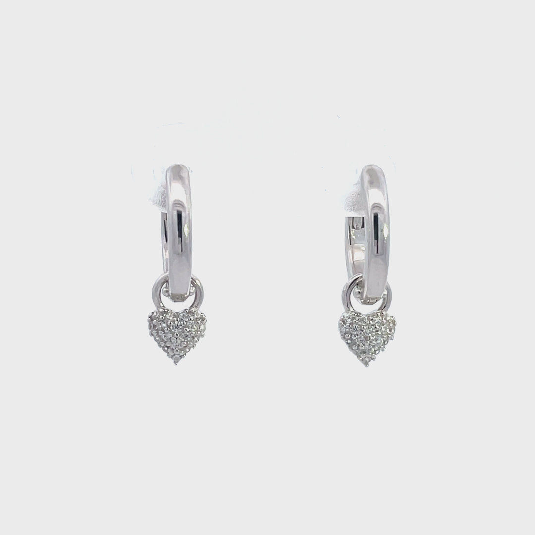 Rhodium-Plated Sterling Silver Removable Pavé Heart Huggie Earrings